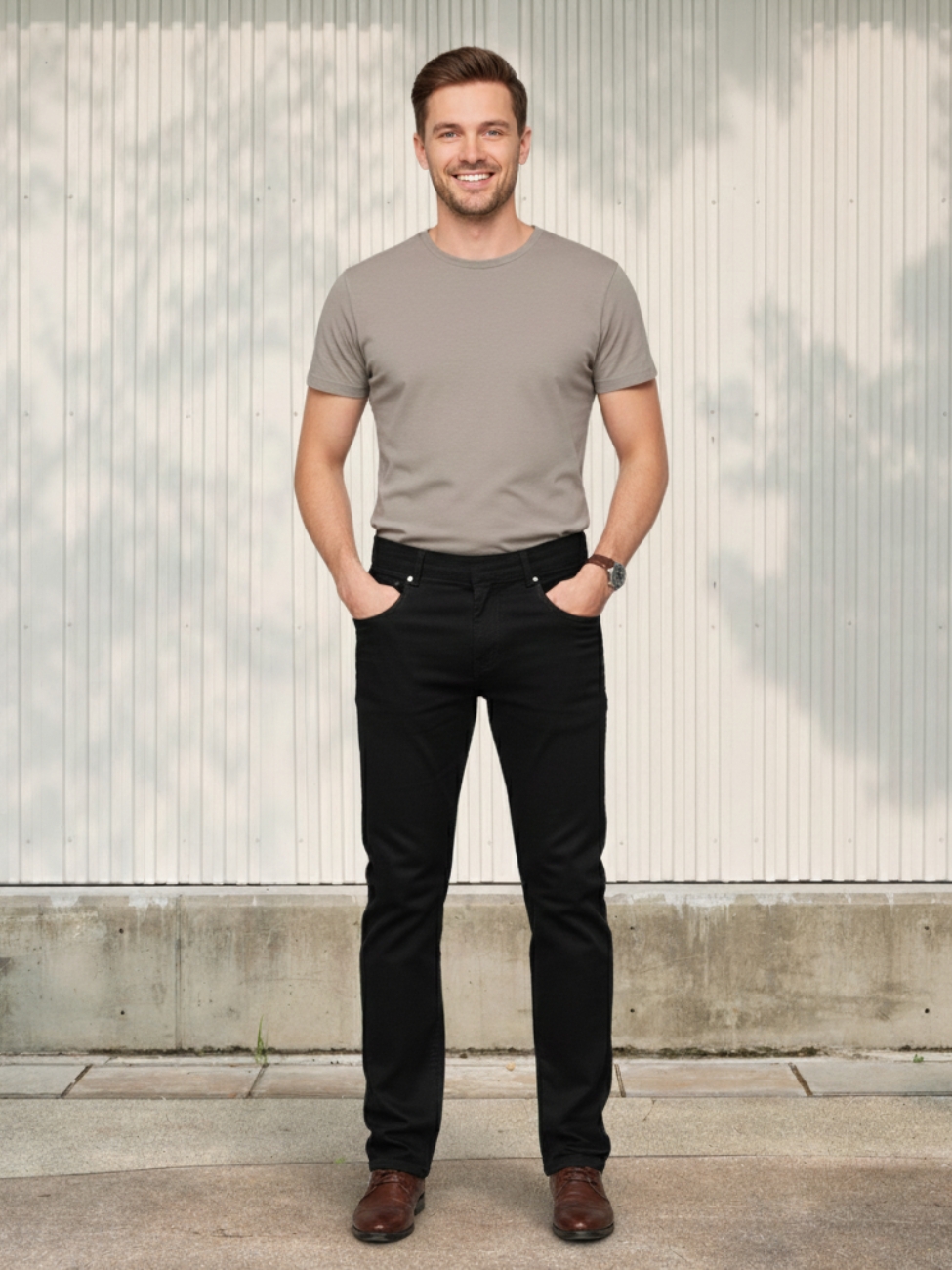 Homme portant un t-shirt gris avec un jean slim noir élégant, sur fond clair