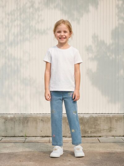 Petite fille portant un t-shirt blanc avec un jean droit bleu à broderies florales