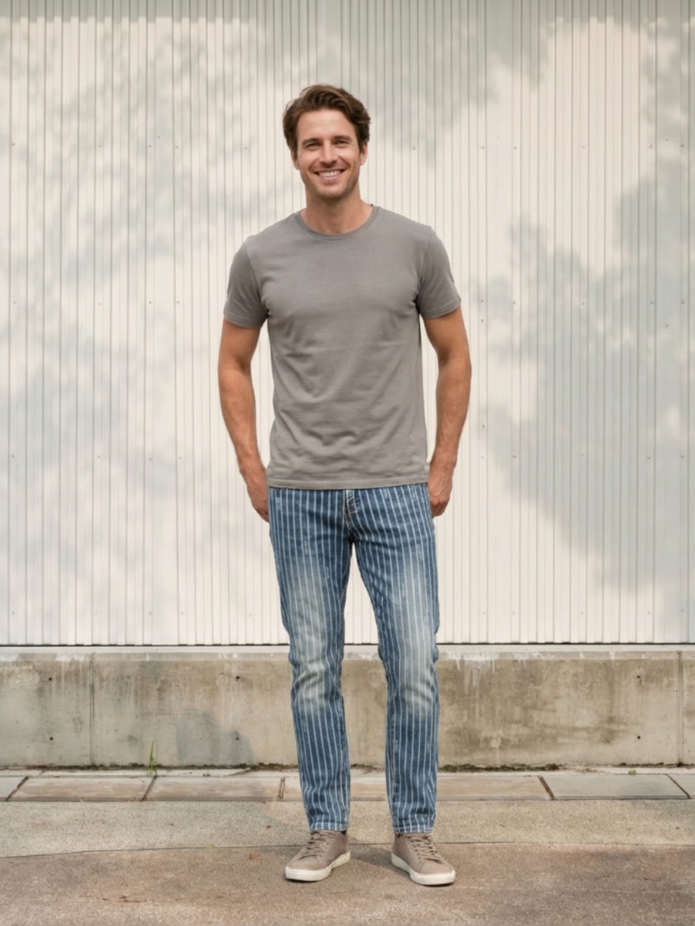 Homme portant un t-shirt gris avec un jean rayé bleu et blanc, sur fond clair