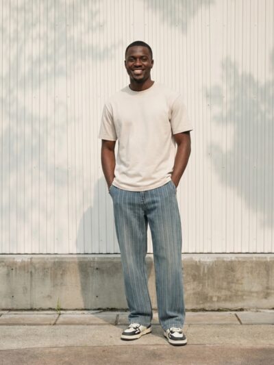 Homme portant un t-shirt beige avec un jean bleu vintage à rayures fines, sur fond clair