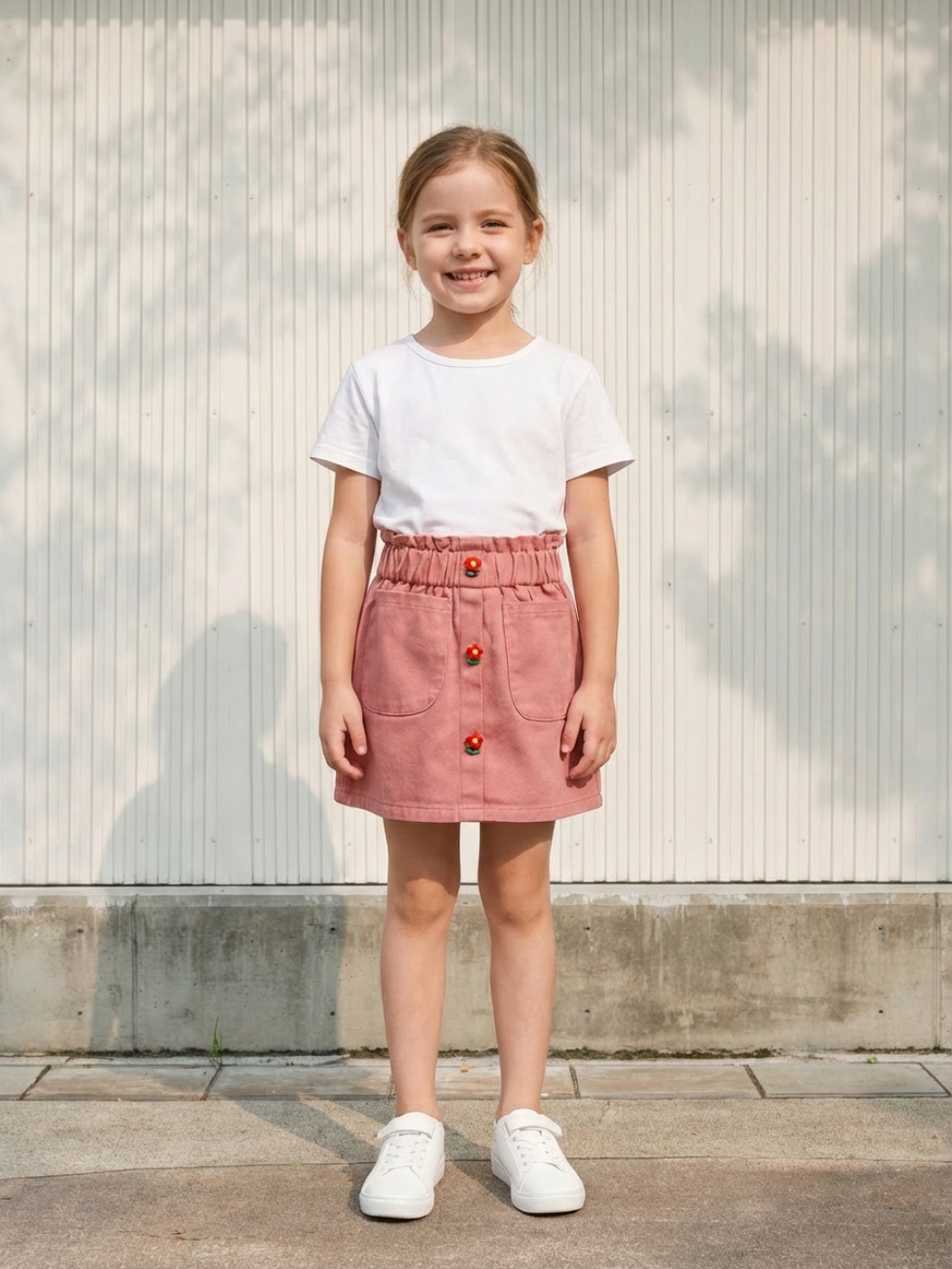 Petite fille portant un t-shirt blanc avec une jupe en jean rose, sur fond clair