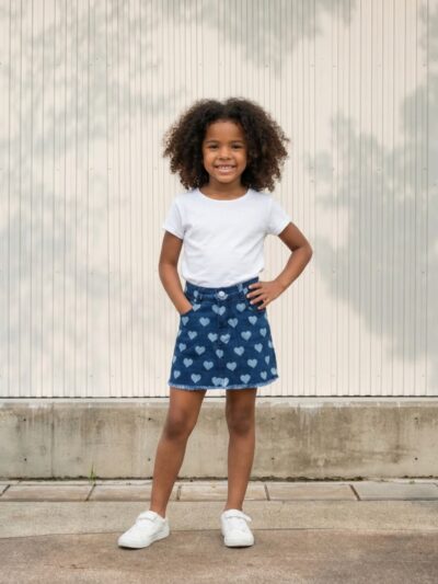 Petite fille portant un t-shirt blanc avec une jupe en jean bleu foncé à coeurs, sur fond clair