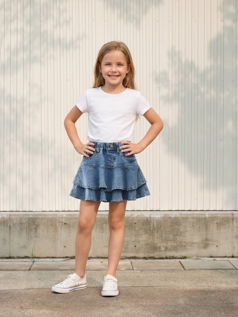 Petite fille portant un t-shirt blanc avec une jupe en jean courte à volants, sur fond clair