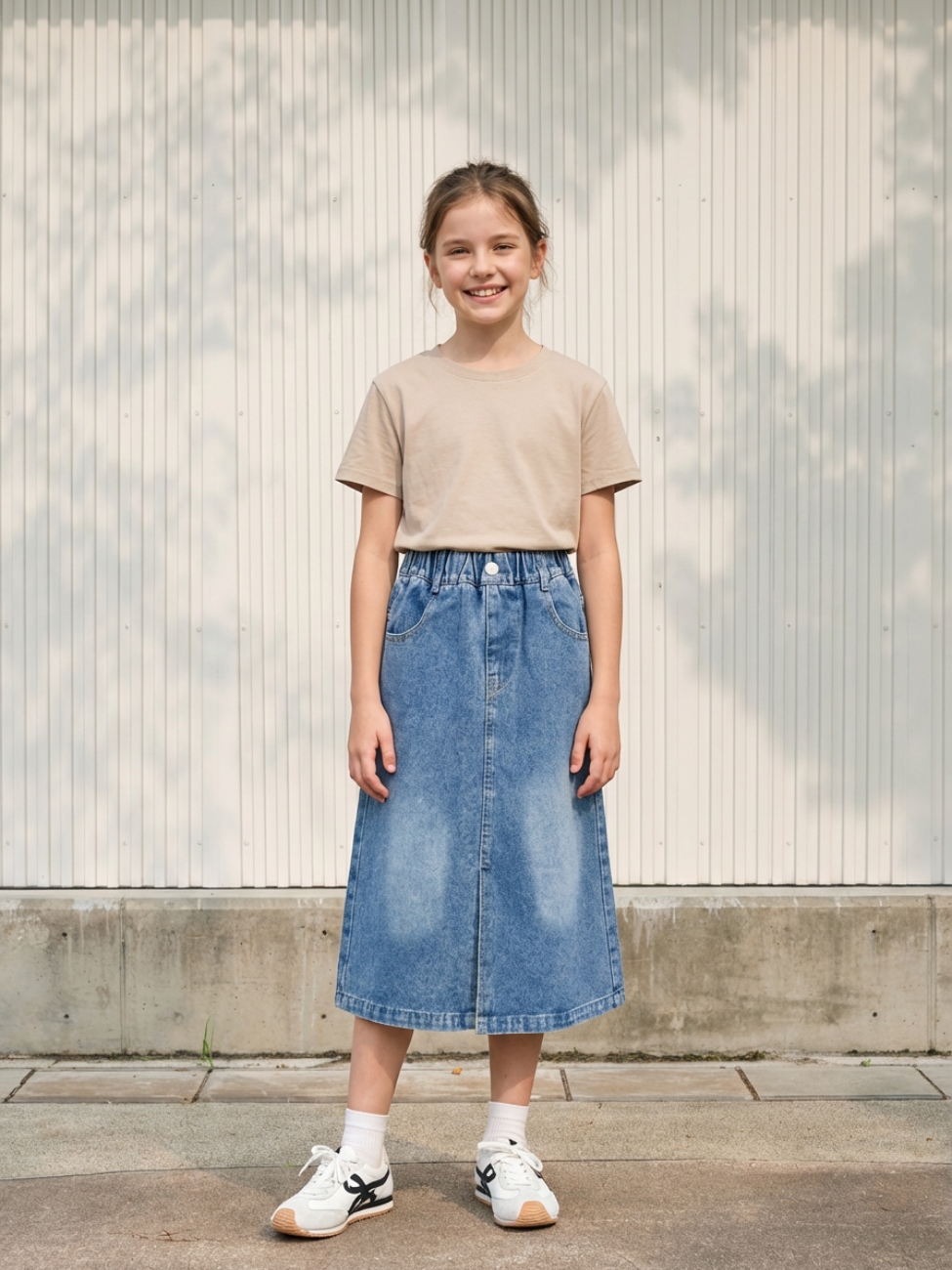 Petite fille portant un t-shirt beige avec une jupe en jean délavé à taille élastique, sur fond clair
