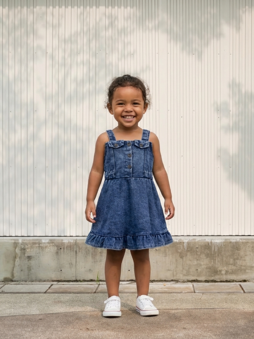 Petite fille portant une robe en jean, sur fond clair