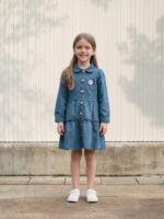 Petite fille portant une robe en jean à volants, à col claudine et avec des détails de marguerite, sur fond clair
