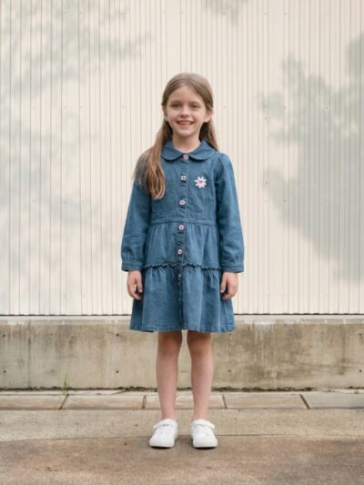 Petite fille portant une robe en jean à volants, à col claudine et avec des détails de marguerite, sur fond clair