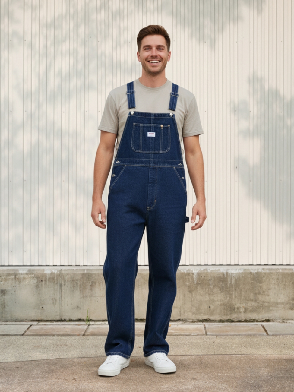 Homme portant un t-shirt gris avec une salopette en jean bleu foncé, sur fond clair