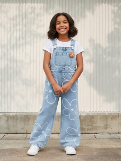 Petite fille portant un t-shirt blanc avec une salopette en jean bleu clair avec un motif fleurs, sur fond clair