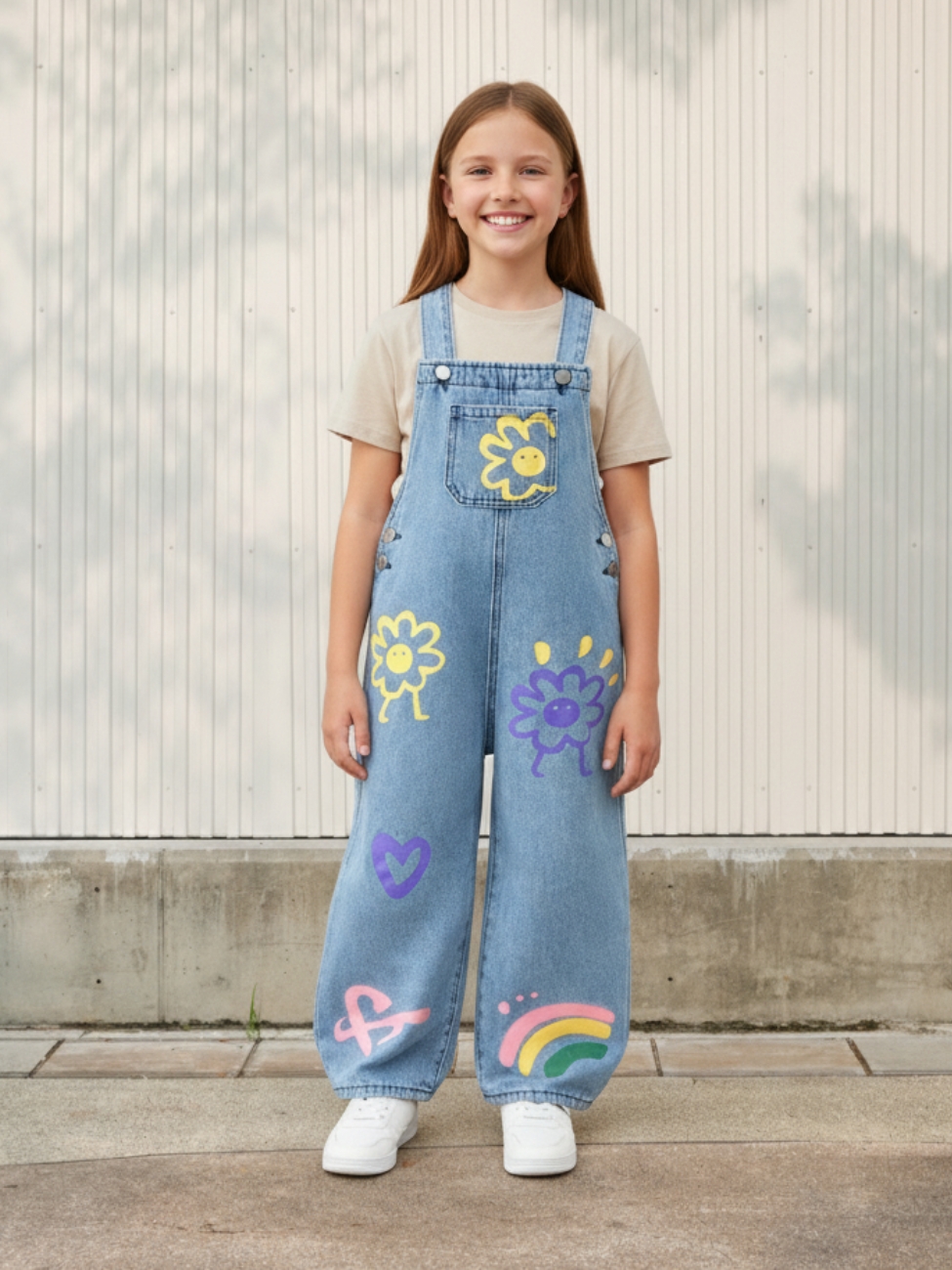 Petite fille portant une salopette en jean bleu avec des motifs fleurs, coeurs et arc-en-ciel, sur fond clair