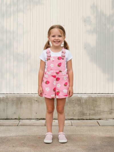 Petite fille portant une salopette rose pastel à fraises, sur fond clair
