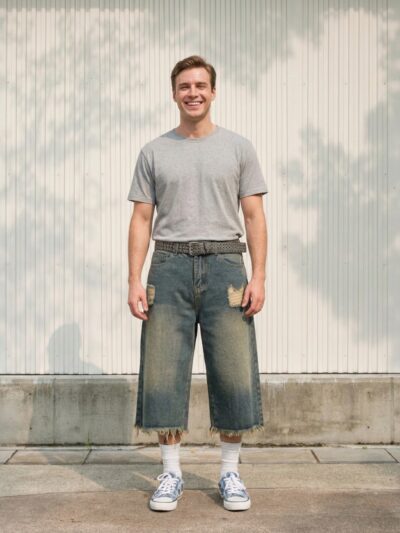 Homme portant un t-shirt gris avec un short bermuda en jean bleu délavé vintage, sur fond clair
