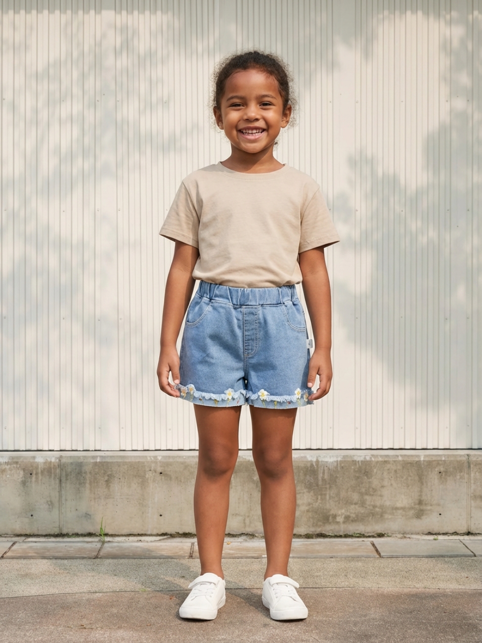 Petite fille portant un t-shirt beige avec un short en jean bleu avec des broderies fleurs