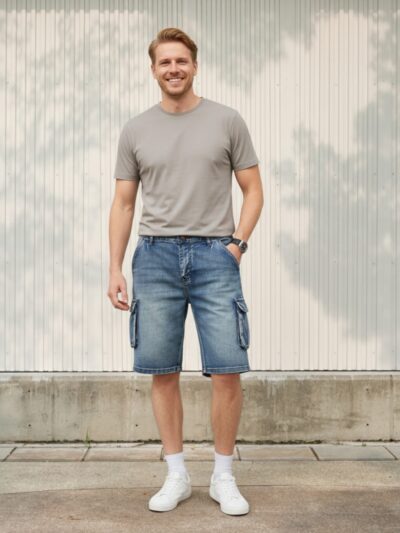 Homme portant un t-shirt gris avec un short en jean cargo, sur fond clair