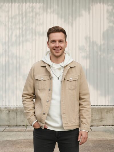 Homme portant une veste en jean beige avec un sweat blanc intégré, sur fond clair