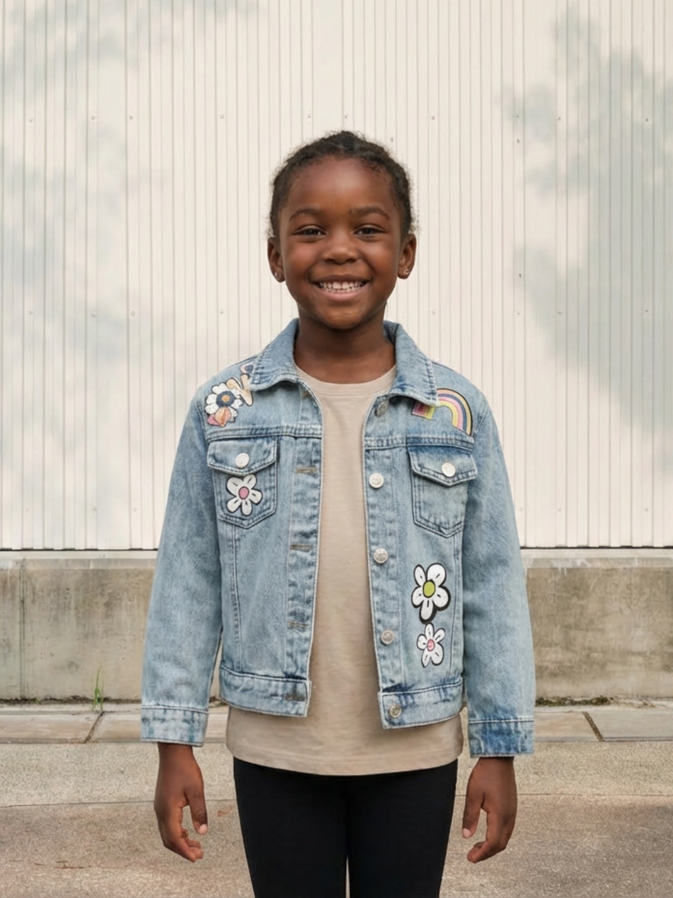 Petite fille portant une veste en jean bleu ciel à motifs fleurs et arc-en-ciel sur fond clair
