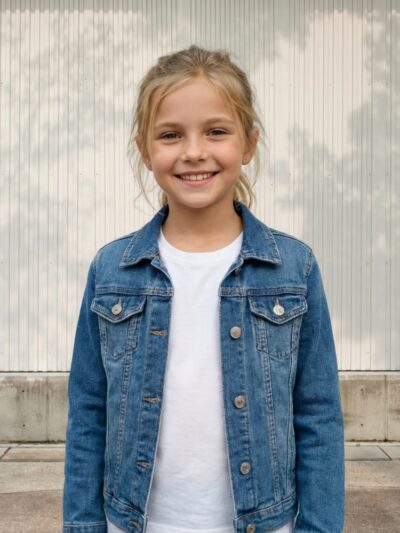 Petite fille portant un t-shirt blanc avec une veste en jean bleu, sur fond clair