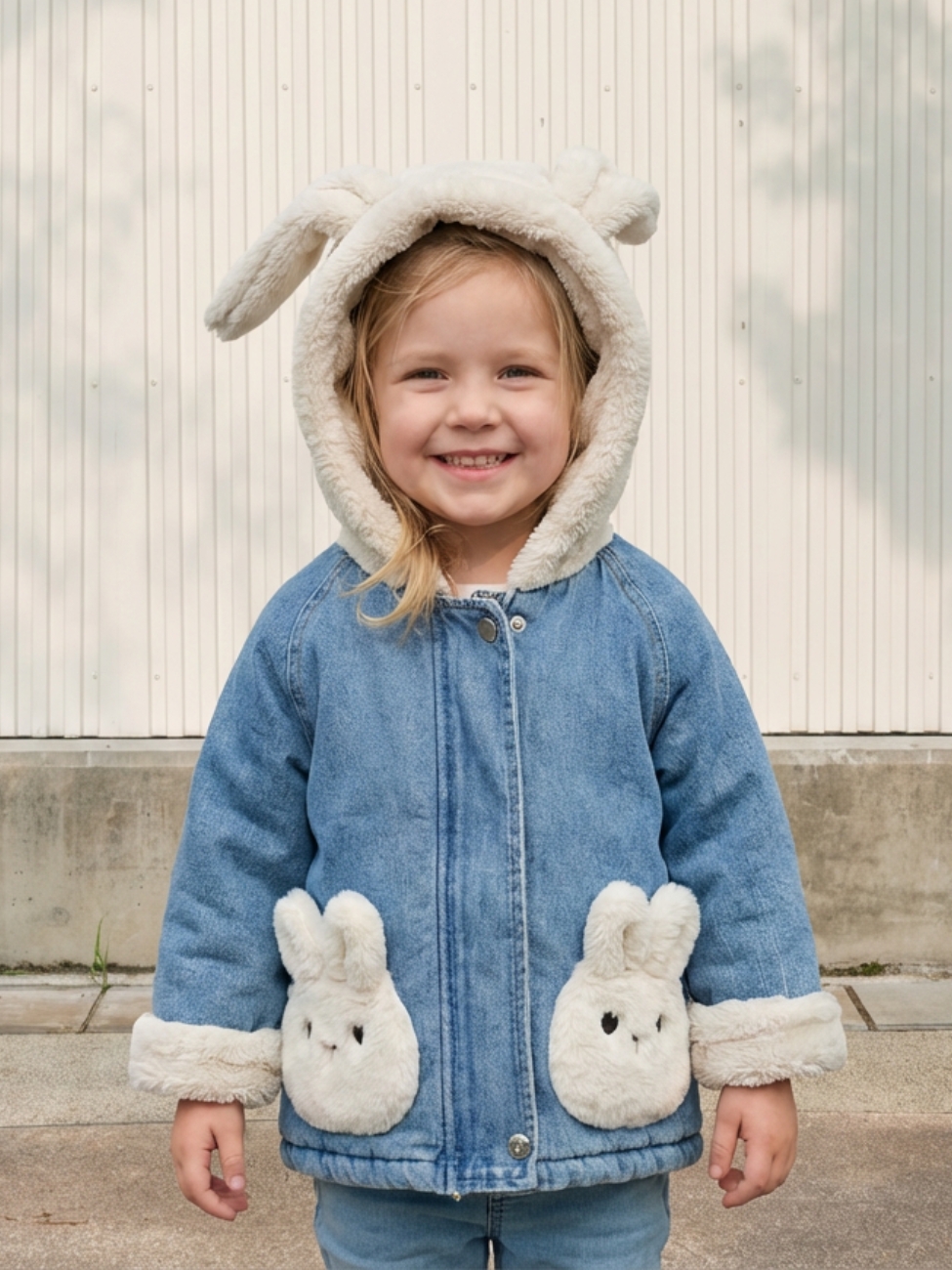 Petite fille portant une veste en jean bleu avec une capuche en peluche lapin, sur fond clair