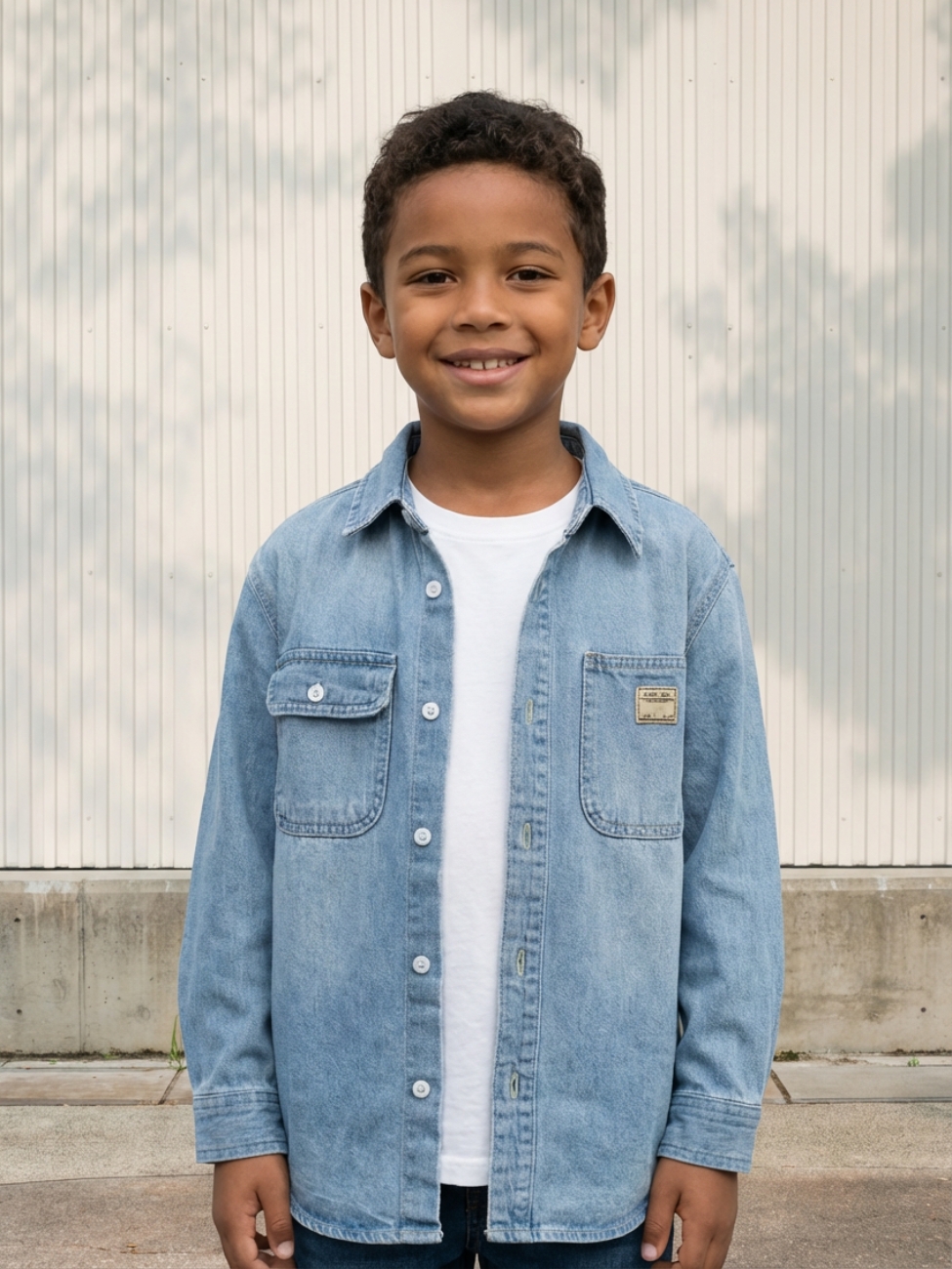 Petit garçon portant un t-shirt blanc avec une veste en jean bleu façon surchemise, sur fond clair