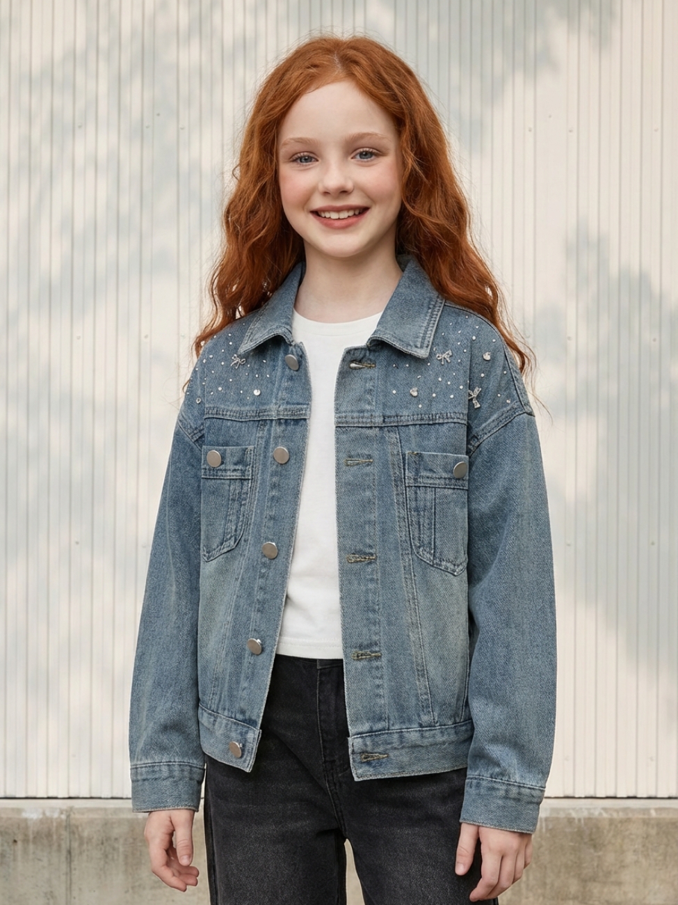 Fillette portant une veste en jean bleu vintage à strass, sur fond clair