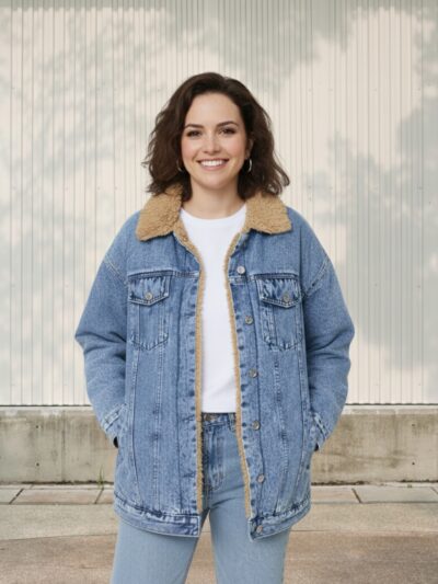 Femme portant une veste en jean bleu avec un col effet mouton, sur fond clair