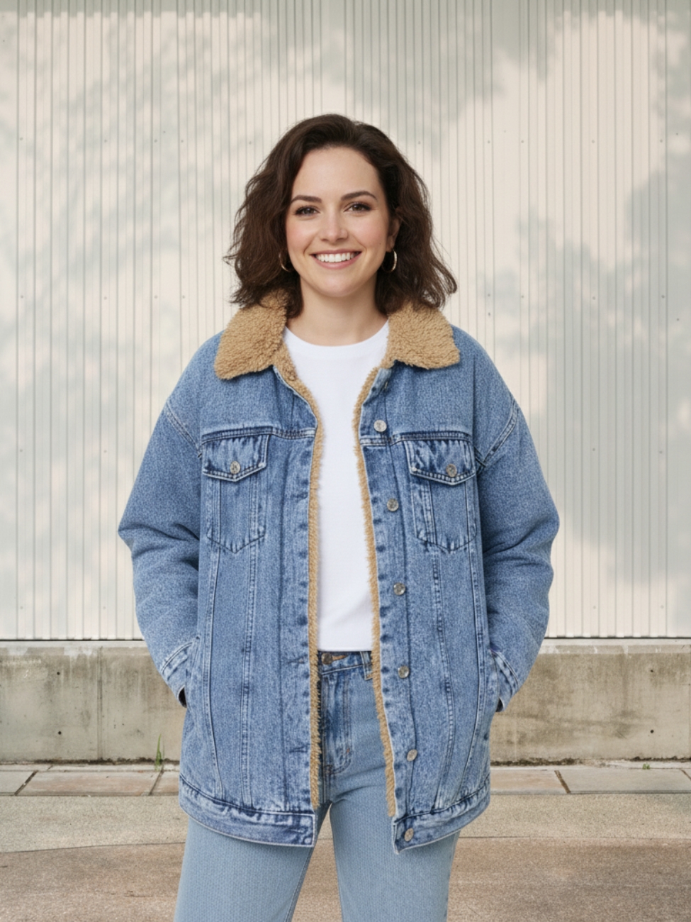 Femme portant une veste en jean bleu avec un col effet mouton, sur fond clair