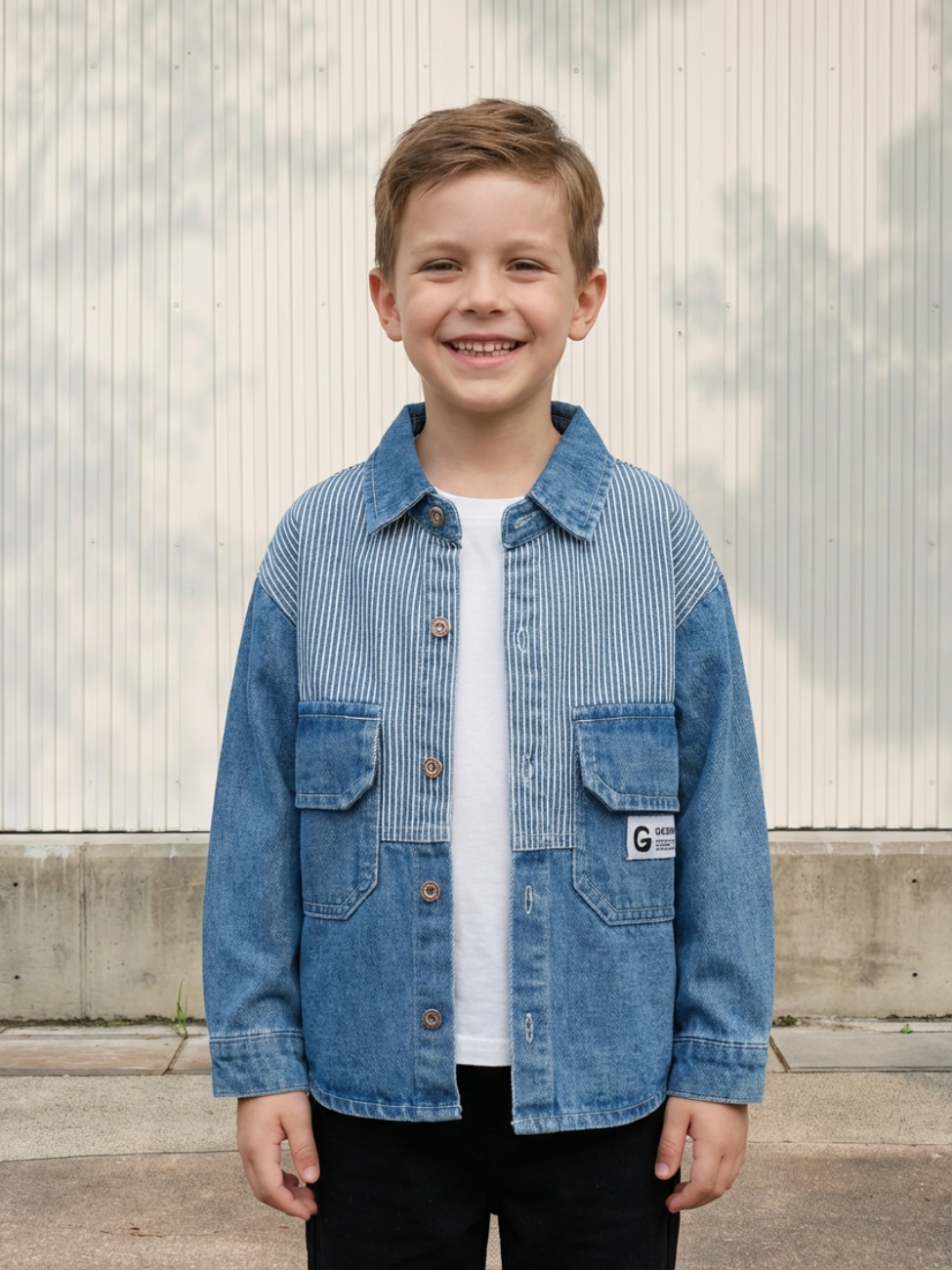 Petit garçon portant une veste en jean style surchemise à rayures, sur fond clair