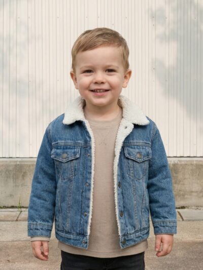 Petit garçon portant une veste en jean bleu avec une doublure mouton, sur fond clair