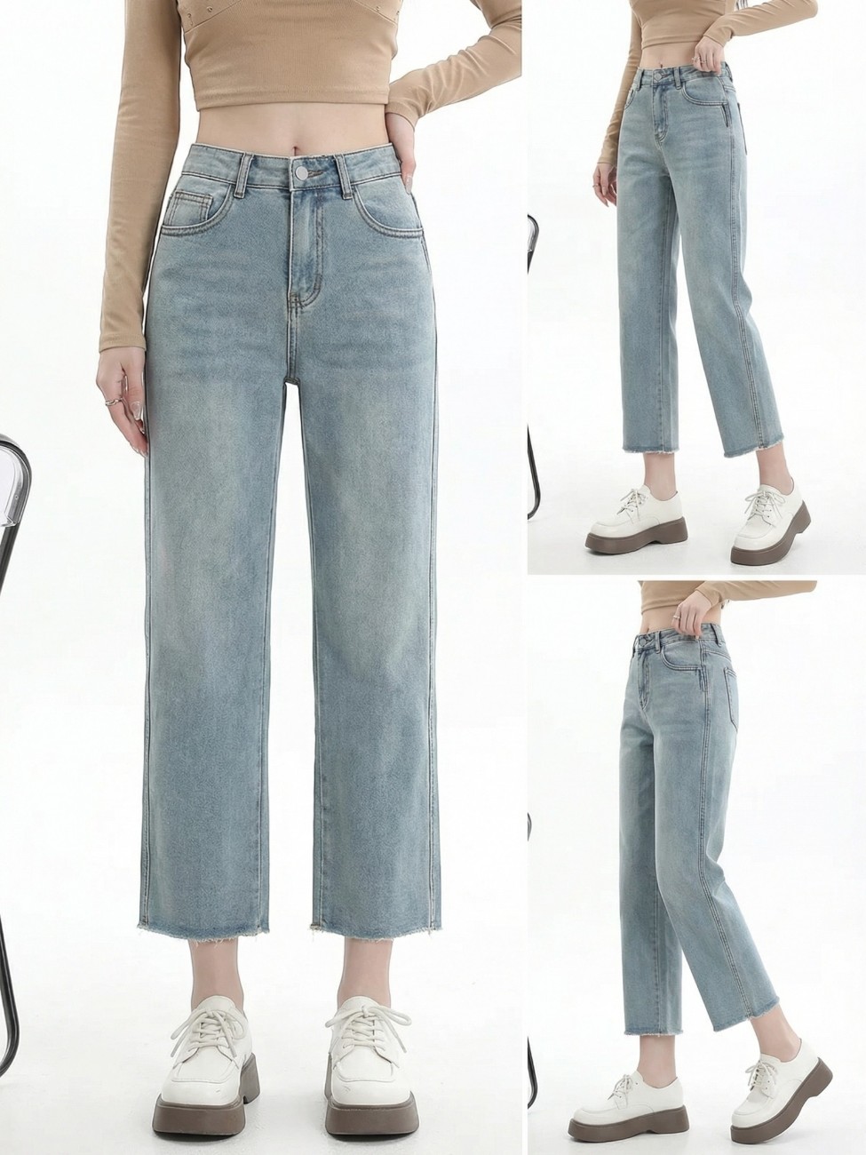 Jean 7/8 femme taille haute wide leg bleu clair – Image 2