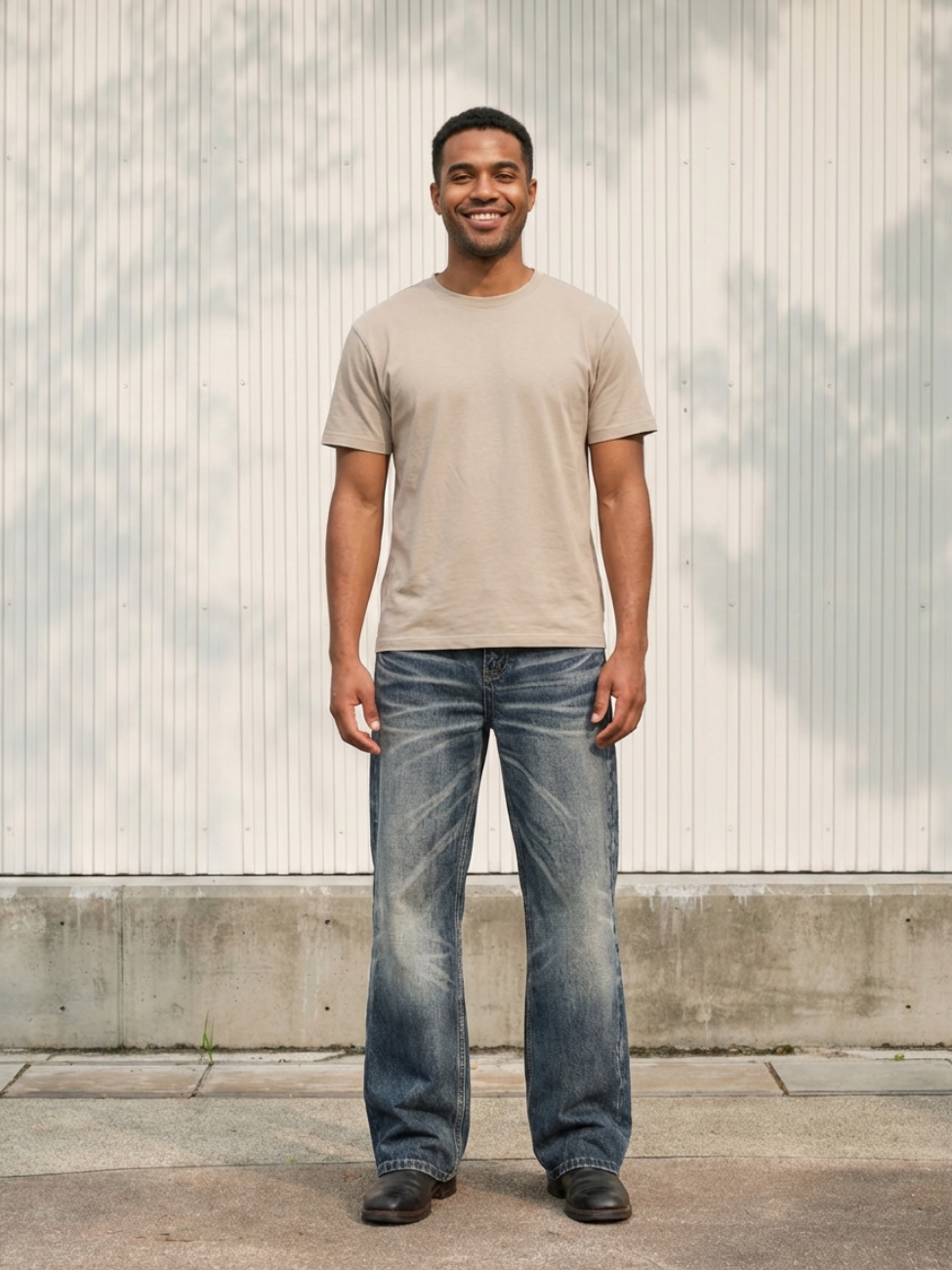 Homme portant un t-shirt beige avec un jean flare délavé bleu, sur fond clair