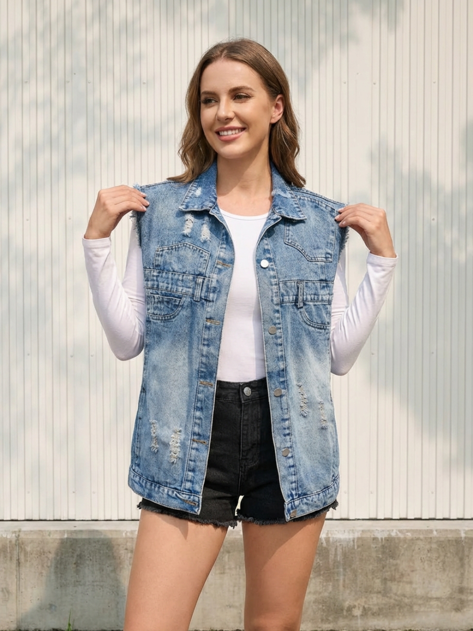 Femme portant un haut blanc avec une veste en jean bleu clair délavé sans manche, sur fond clair