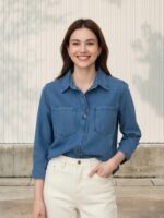 Femme portant une chemise en jean bleu, sur fond beige