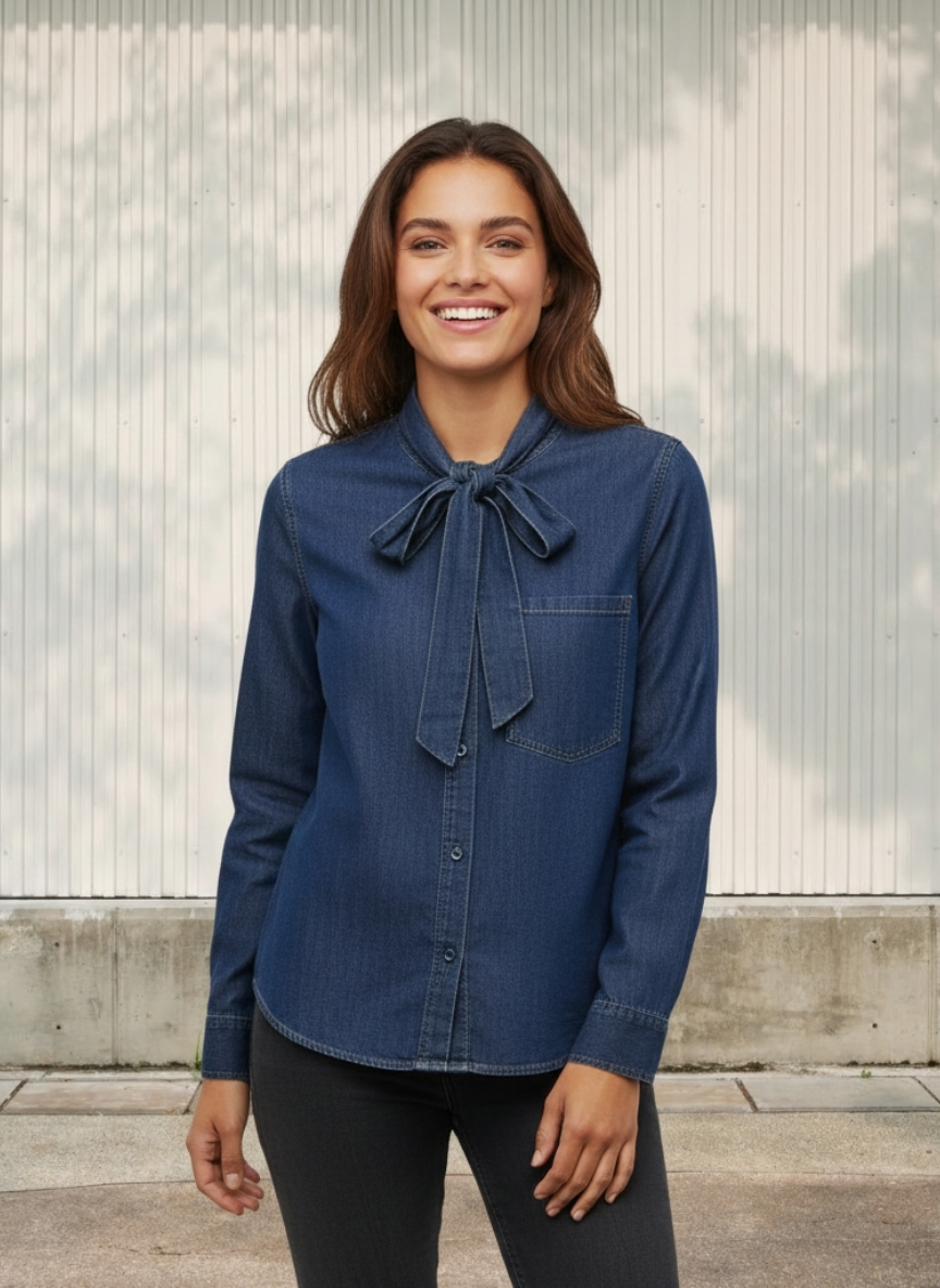 Femme portant une chemise en jean bleu foncé avec un noeud lavallière, sur fond beige