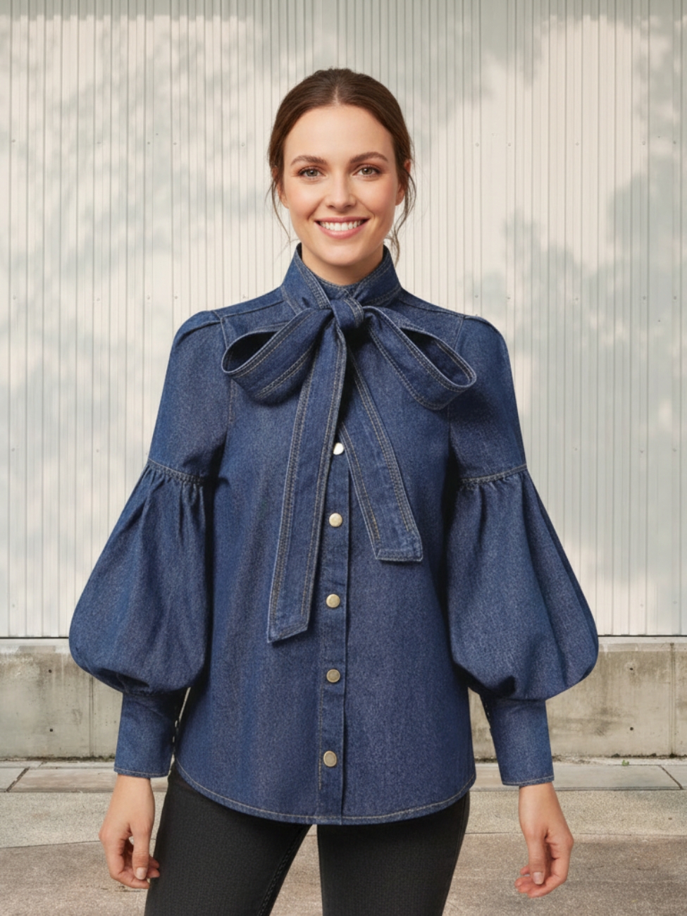 femme portant une chemise en jean bleu brut pour femme à nœud lavallière et manches bouffantes, sur fond beige
