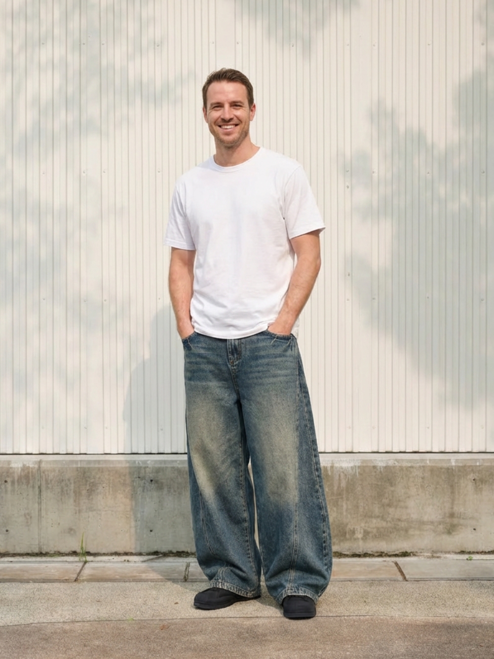 Homme portant un t-shirt blanc avec un jean ballon bleu vintage délavé, sur fond clair