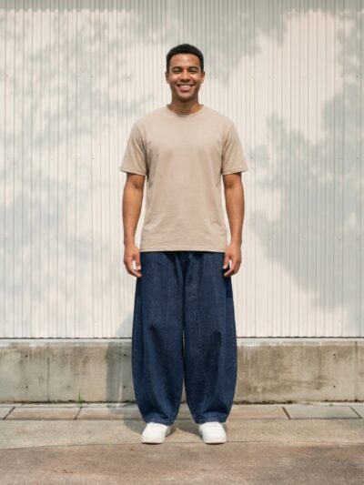 Homme portant un t-shirt beige avec un jean ballon bleu foncé, sur fond clair