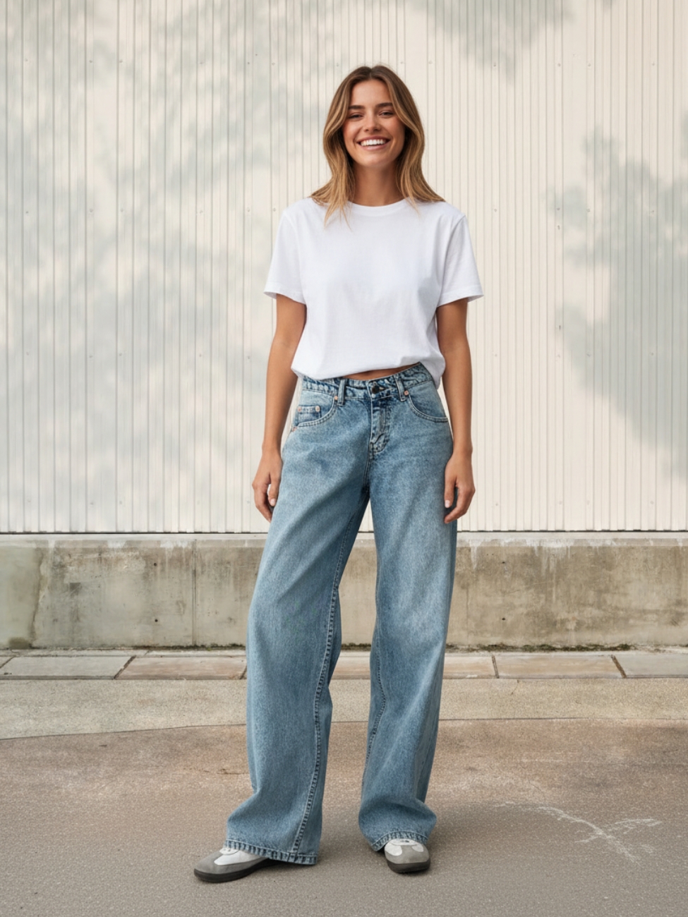 Femme portant un t-shirt blanc avec un jean boyfriend taille basse, sur fond beige