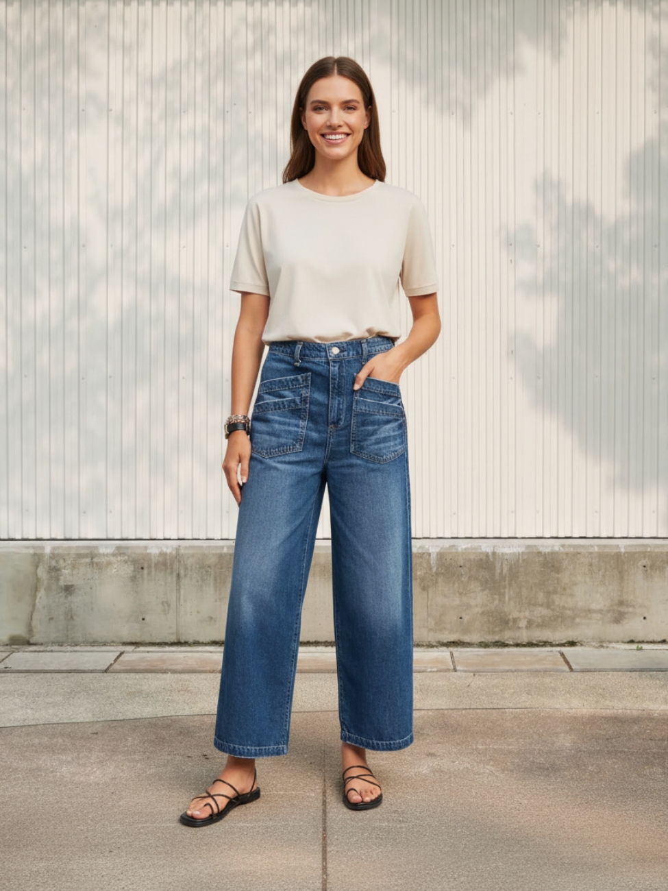Femme portant un t-shirt blanc avec un jean court bleu délavé à coupe ample, sur fond beige