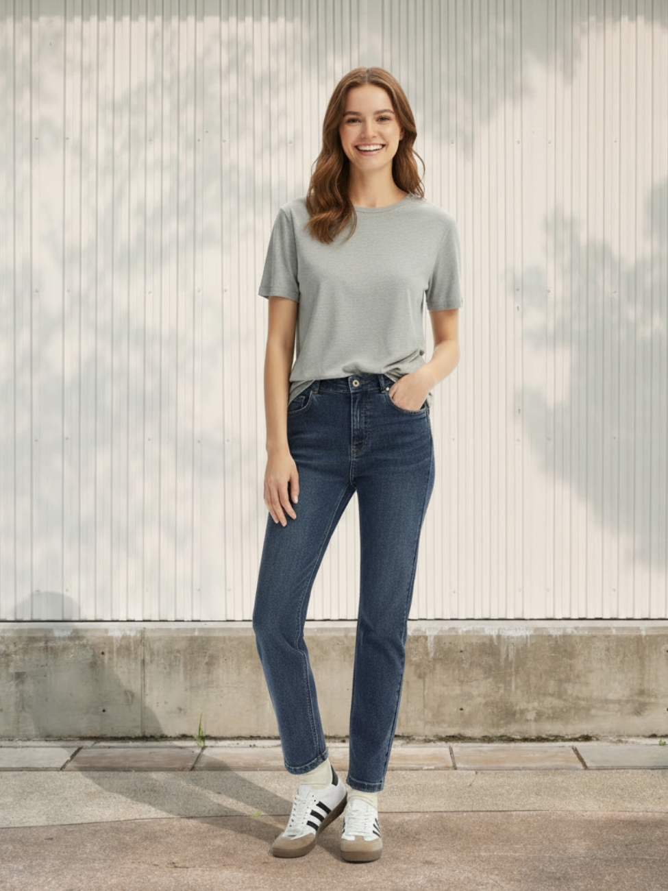 Femme portant un t-shirt gris avec un jean cropped bleu brut, sur fond beige