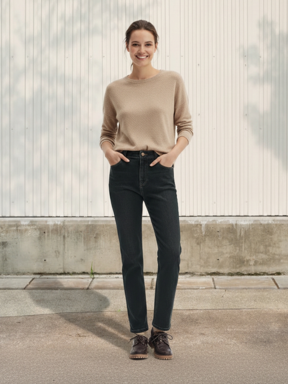 Femme portant un pull beige avec un jean court en denim noir, sur fond beige