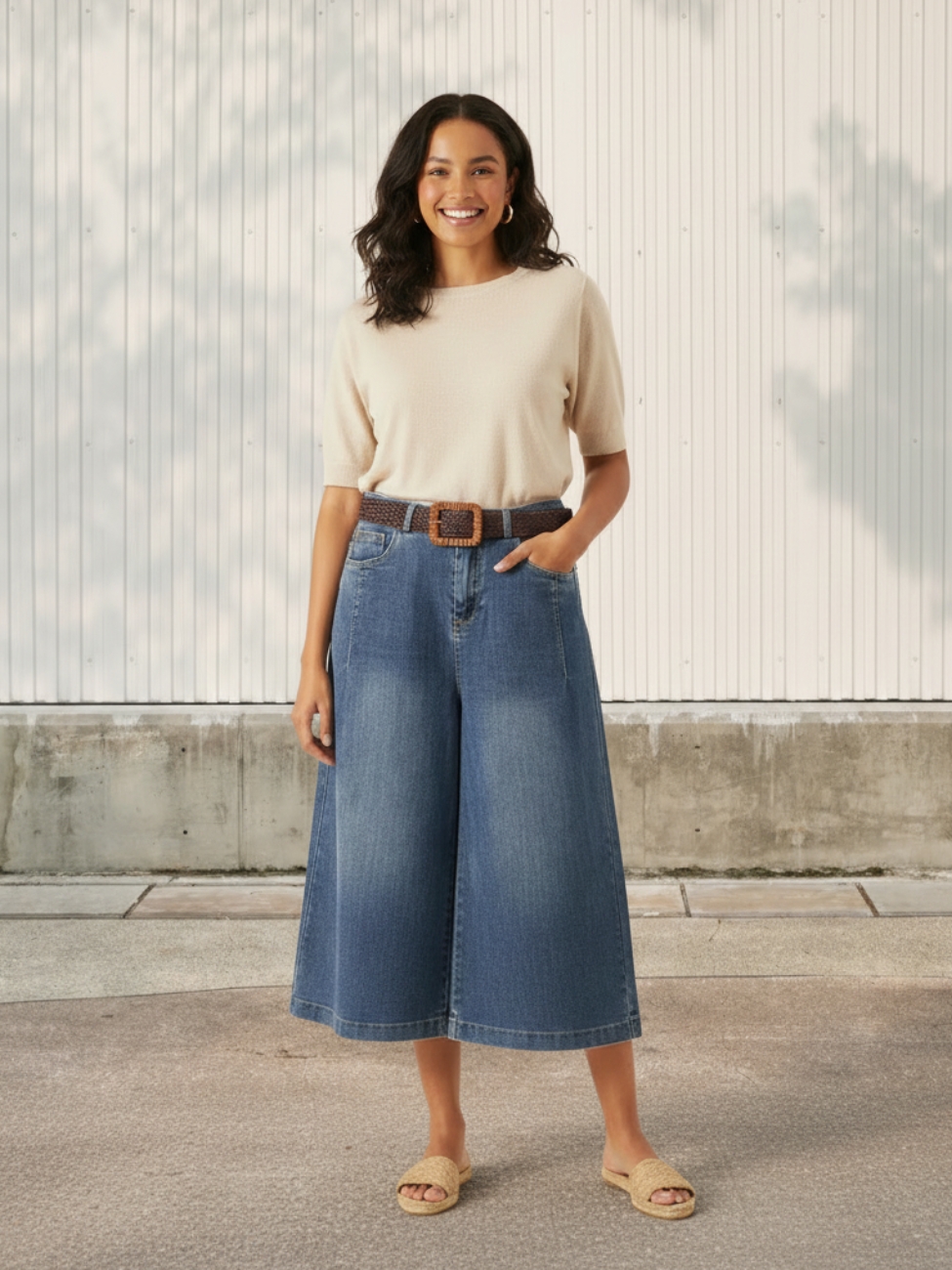 Femme portant un t-shirt beige avec une jupe culotte en jean, sur fond clair