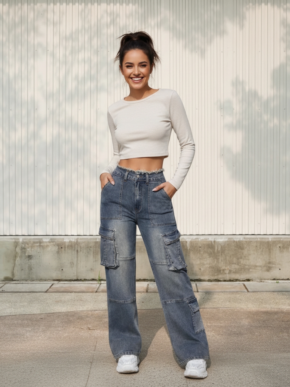Femme portant un haut beige avec un jean de travail gris délavé à poches cargo, sur fond beige