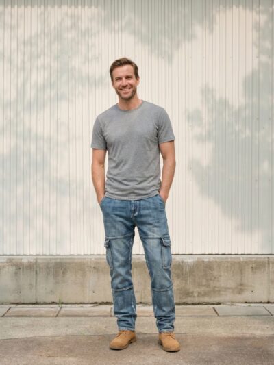 Homme portant un t-shirt gris avec un jean de travail bleu clair, sur fond beige