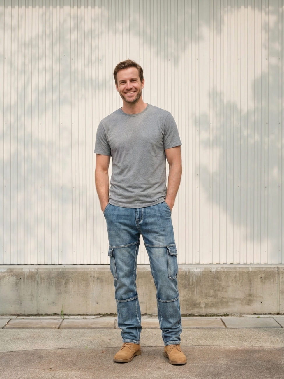 Homme portant un t-shirt gris avec un jean de travail bleu clair, sur fond beige
