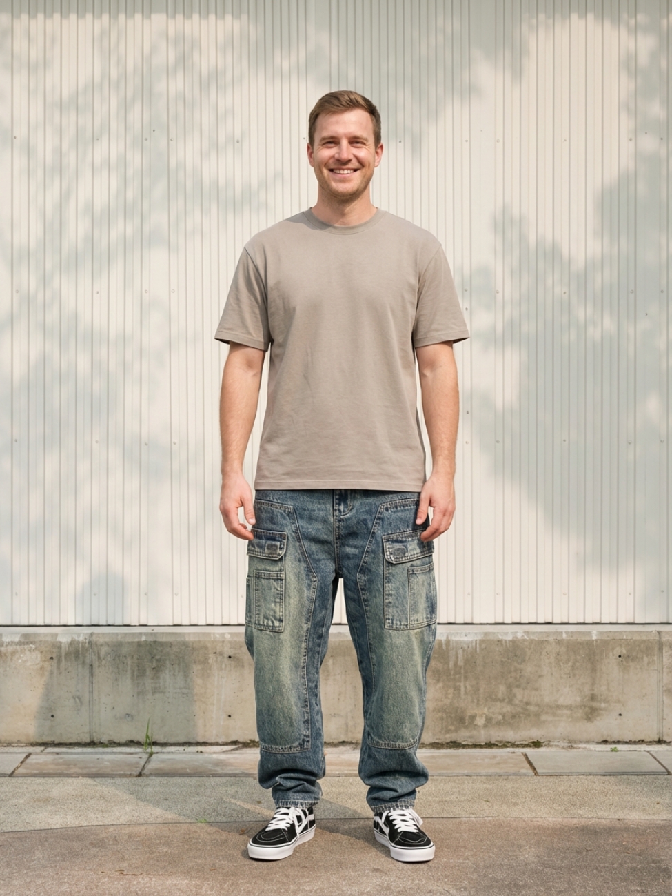 Homme portant un t-shirt beige avec un pantalon de travail bleu délavé à poches cargo, sur fond clair