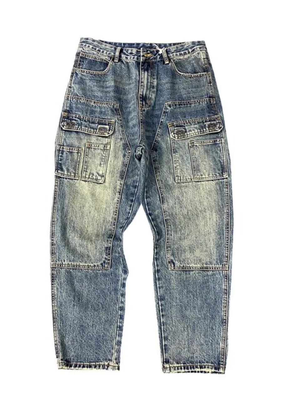 Jean de travail homme bleu délavé vintage à poches utilitaires ...