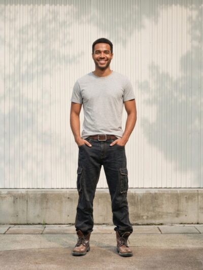 Homme portant un t-shirt beige avec un jean de travail noir à poches cargo, sur fond clair