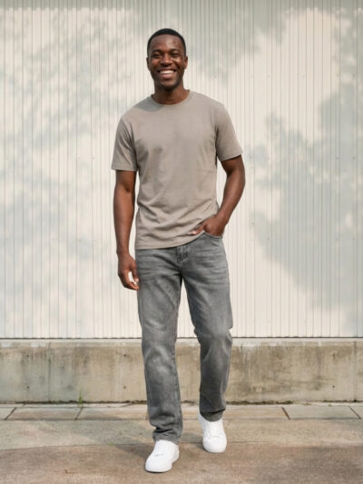 Homme portant un t-shirt gris avec un jean droit gris, sur fond clair