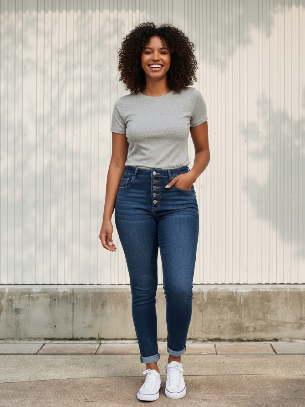Femme portant un t-shirt gris avec un jean bleu foncé taille haute, sur fond beige