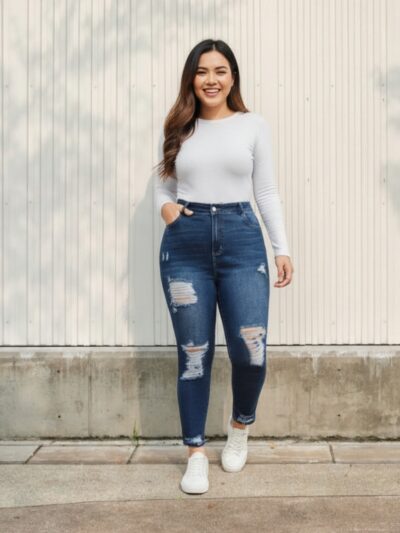 Femme portant un haut blanc avec un jean bleu foncé troué, sur fond beige